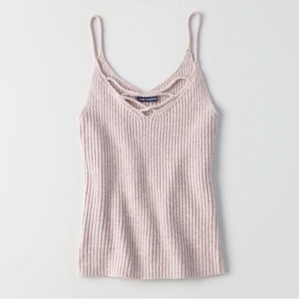 American Eagle Women's Size Small Knit Tank Top Ribbed Beige V-Neck Lace Up